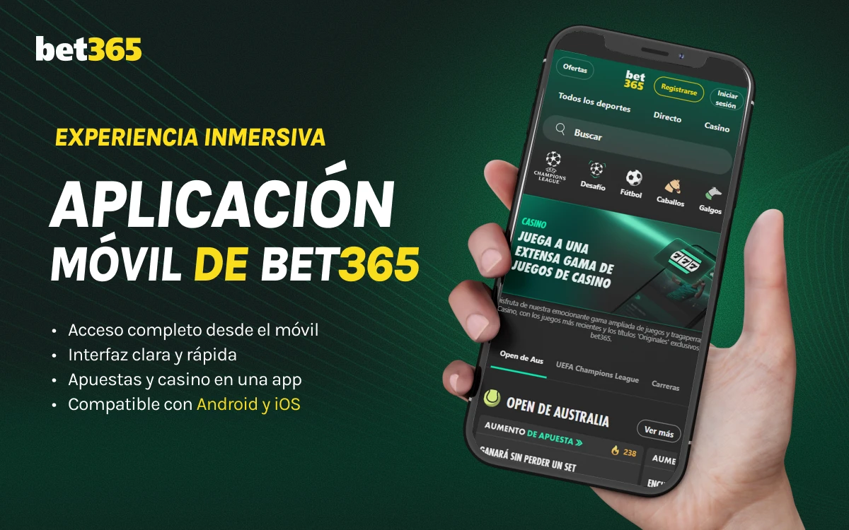 Smartphone en mano mostrando la aplicación móvil bet365 sobre fondo verde oscuro