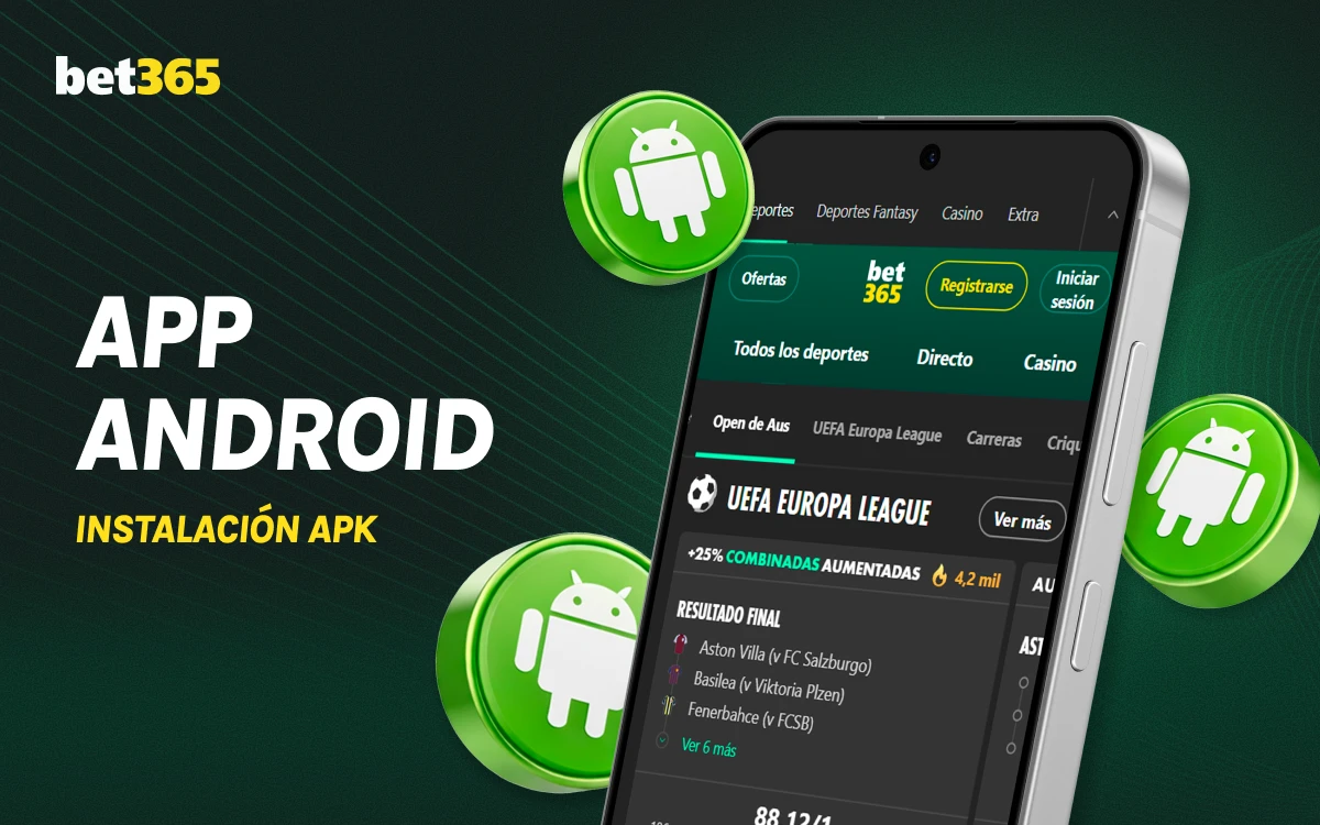 Smartphone con Android y elementos gráficos verdes, sección app Android bet365
