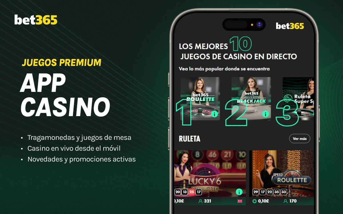 martphone con juegos de casino y texto informativo, sección app casino bet365