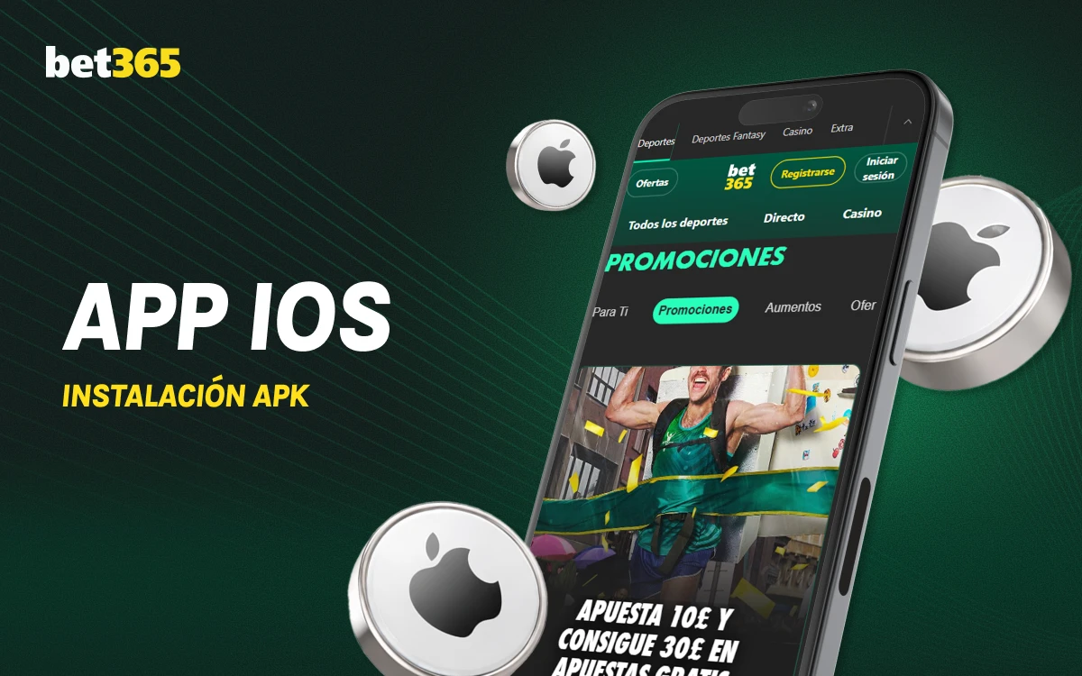 Smartphone con iconos iOS y fondo verde, información sobre app iOS bet365