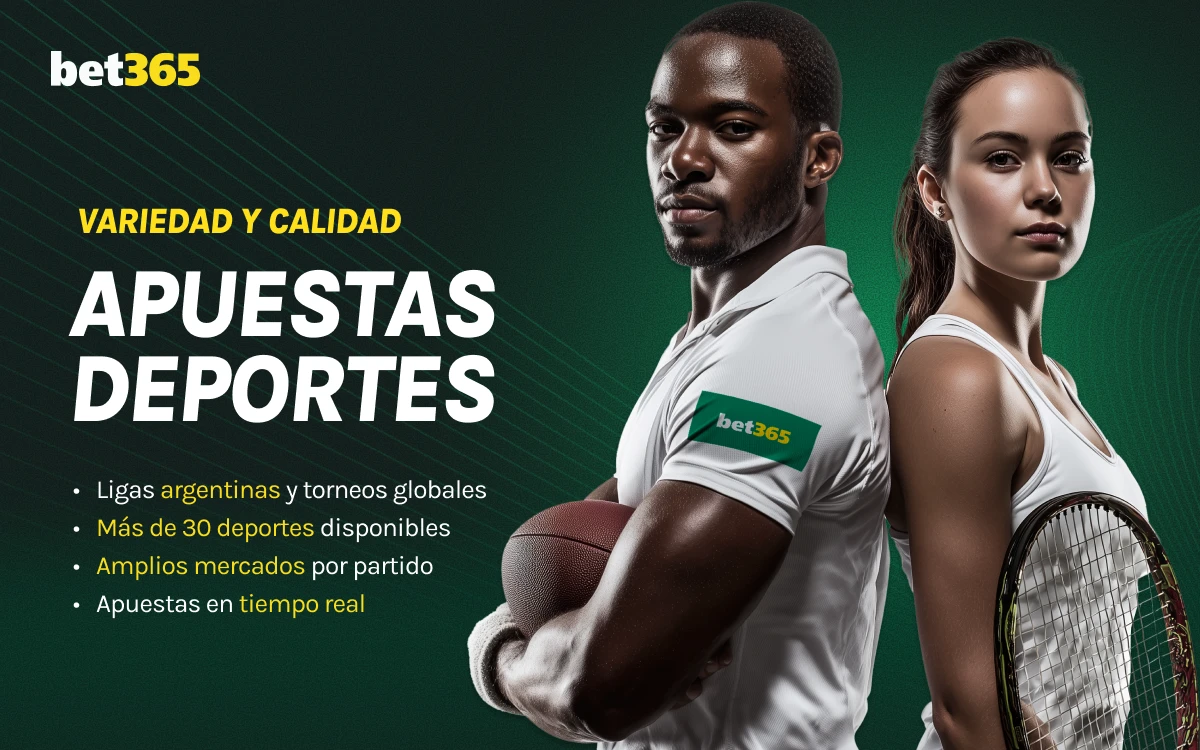 Hombre y mujer de perfil deportivo frente a frente sobre fondo verde, sección apuestas deportivas bet365
