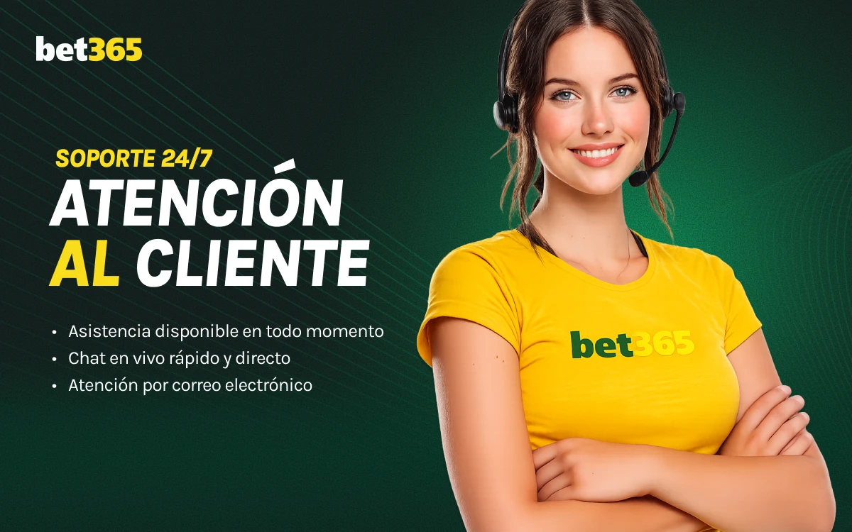 Mujer joven con camiseta amarilla bet365, fondo verde y texto sobre atención al cliente