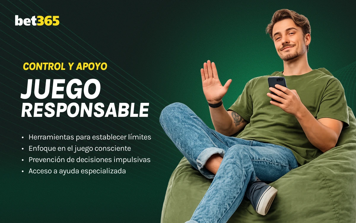 Hombre joven sentado relajado con smartphone, sección de juego responsable bet365