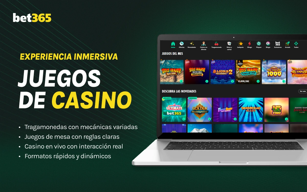 antalla de portátil mostrando juegos de casino bet365, fondo verde con texto sobre experiencia de juego