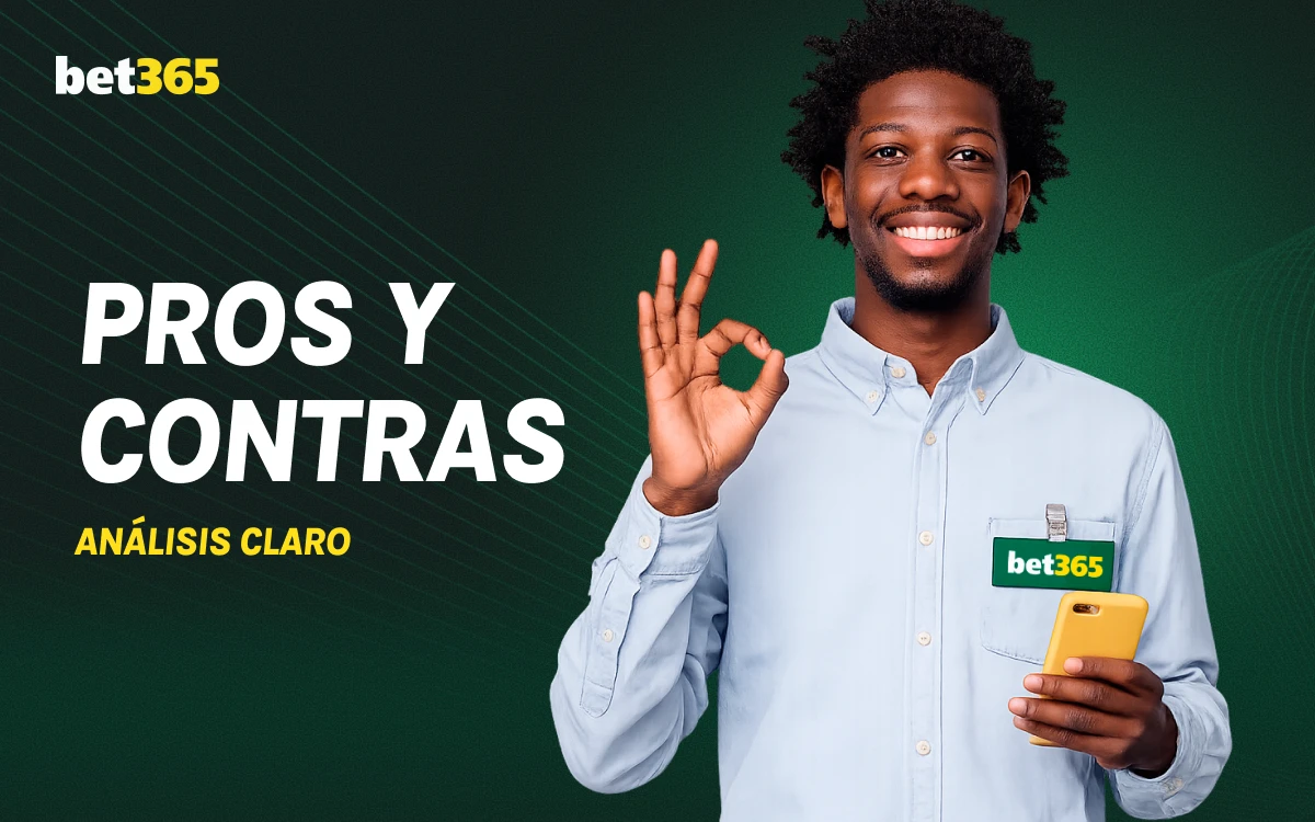 Hombre joven señalando gesto OK, sección de pros y contras bet365 sobre fondo verde