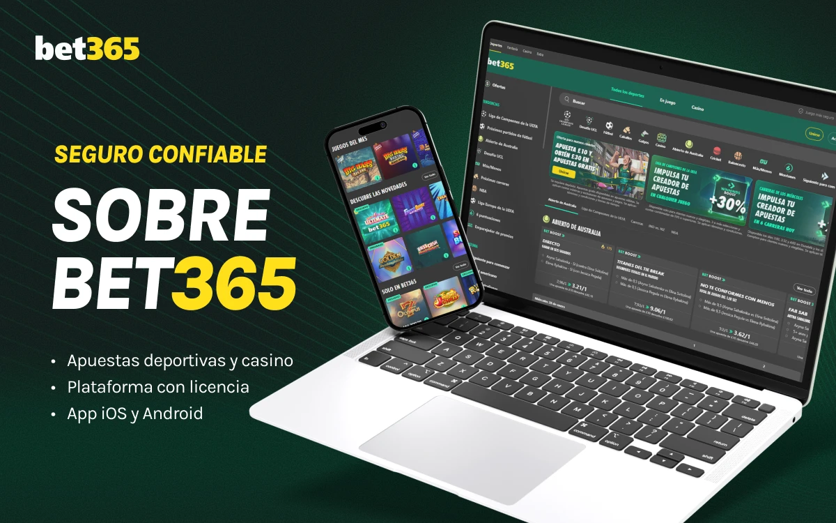 Pantalla de portátil y smartphone con interfaz bet365, fondo verde oscuro y texto informativo sobre la plataforma