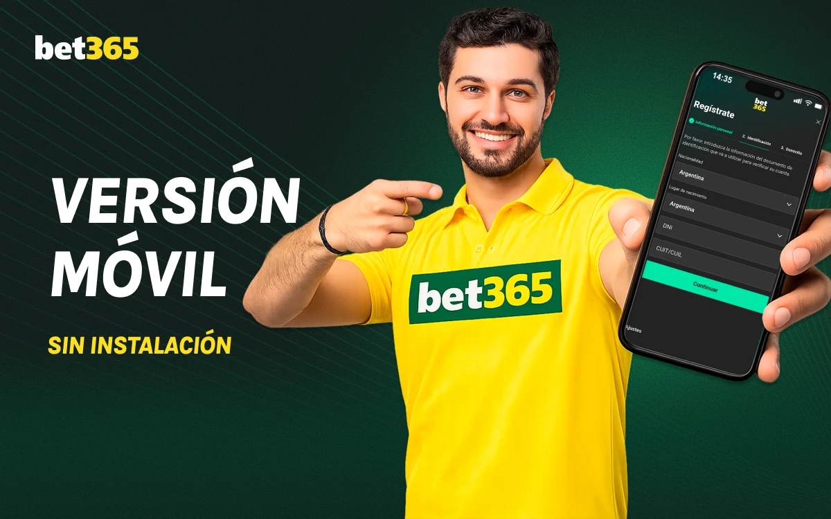 Hombre sonriente con camiseta amarilla bet365 mostrando smartphone, banner versión móvil