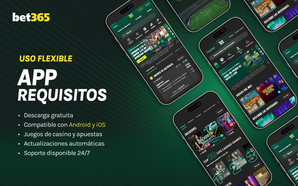 Collage de pantallas de la app bet365 con texto sobre requisitos de instalación